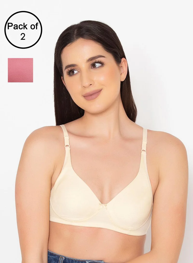 كلوفيا Non-Padded Non-Wired Full Coverage T-shirt Bra in Nude Colour & Dusty Pink - Cotton Rich